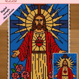 Mönster för virkad filt med Jesus Kristus, Sacred Heart C2C — 86 x 130 rutor — Direkt PDF-nedladdning | Kristus | gobeläng | Grafisk design | Afghansk design | Religion