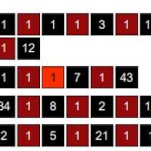 May include: A technical chart displaying rows 69 through 72 with RS and WS labels. Each row contains a sequence of black and red square icons, each featuring a white number. The numbers represent data points arranged in a horizontal grid format.
