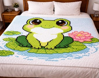 Frog with Lotus & Lily Pads Crochet Pattern | C2C | tapestry | Digital Download