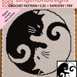 Schema per coperta all'uncinetto con gatto Yin Yang / Uncinetto C2C / Coperta con gatto bianco e nero / Arazzo all'uncinetto / PDF digitale