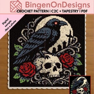 Gotische Raven Haakdeken Patroon, Schedel & Rozen C2C Grafiek, Wandtapijt Haakpatroon, Gotische Grafiekdeken PDF, Halloween, digitale download