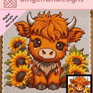 Hochlandrind mit Sonnenblumen – Häkelanleitung C2C Corner to Corner | Wandteppich | digitales Muster | Afghanische Decke | Graphghan | PDF-Download