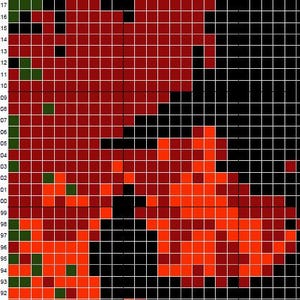 May include: A cross-stitch pattern chart featuring a grid with numbered rows from 192 to 217. The design consists of pixelated blocks in shades of red, orange, black, and small accents of dark green, arranged in a non-representational pattern.