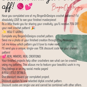 May include: A promotional flyer for BingenOnDesigns featuring text about a 75% discount for sharing finished crochet projects. The design includes a camera icon, a yarn ball, hearts, and a watercolor rainbow graphic on a light background.