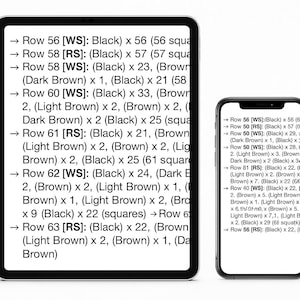 May include: A tablet and a smartphone displaying crochet pattern instructions with rows labeled by color, including black, brown, dark brown, and light brown, with text such as Row 56 [WS]: (Black) x 56 and Row 60 [WS]: (Black) x 33, (Brown) x 2.