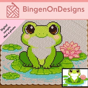 Könnte beinhalten: Ein Pixel-Art-Muster mit einem grünen Frosch mit großen braunen Augen, der auf einem Seerosenblatt in blauem Wasser sitzt, daneben eine rosa Lotusblüte. Der Text BingenOnDesigns steht oben, Digital sample -Not a photo steht links.