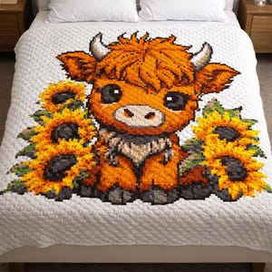 Highland Cow With Sunflowers – Corner to Corner Crochet Pattern (C2C or tapestry)