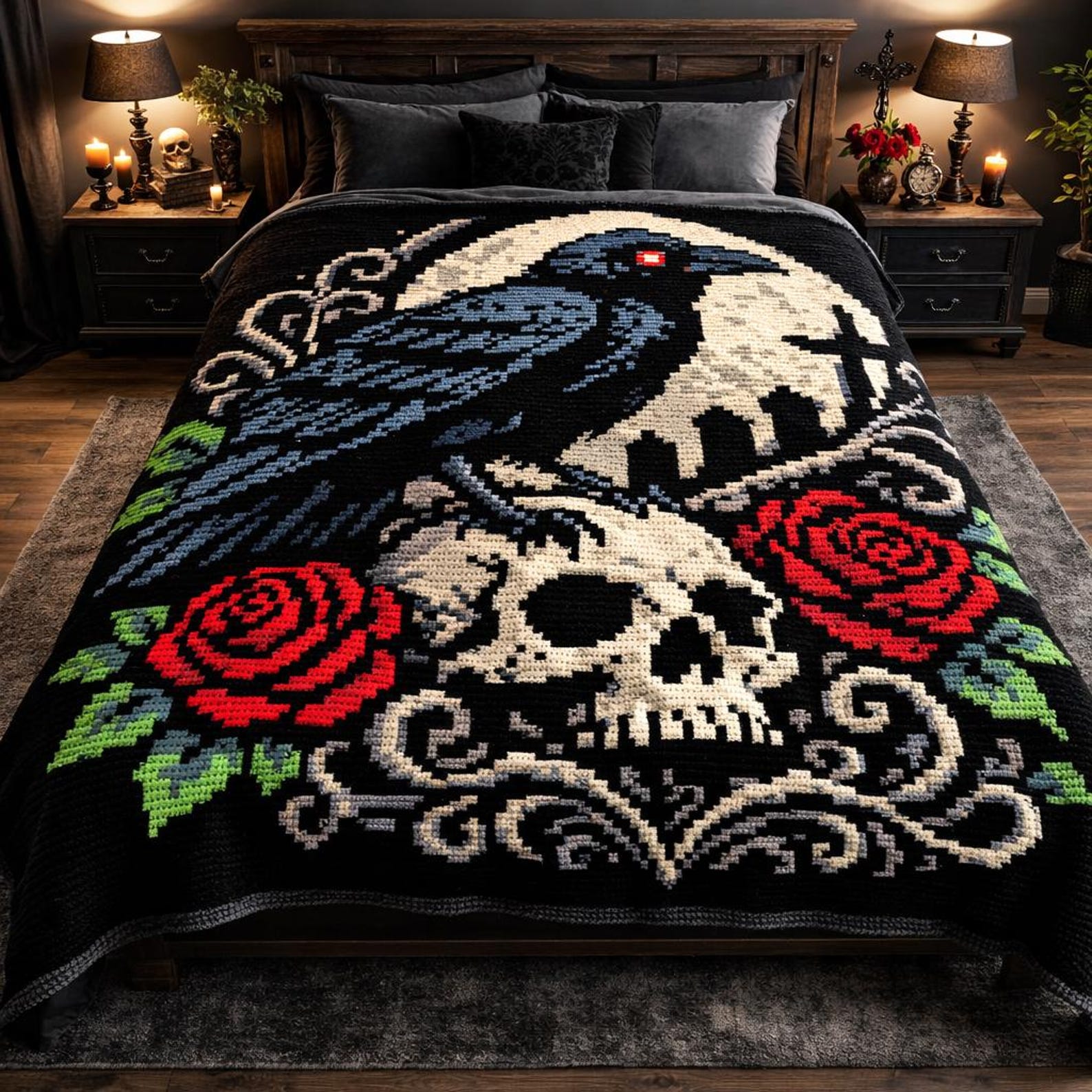 Gothic Raven Crochet Pattern – C2C Blanket Pattern – Skull, Roses ...