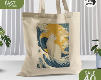 Bolso de tela de algodón con diseño de gato / Estilo Ukiyo-e, regalo para amantes de los gatos