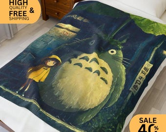 My Neighbor Totoro Velveteen Plush Blanket | Studio Ghibli Inspired Rainy Scene