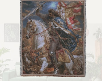 Mittelalterlicher Wandbehang - Ritter zu Pferd Kampfszene - Gewebte Decke - Mittelalterliche Wandkunst