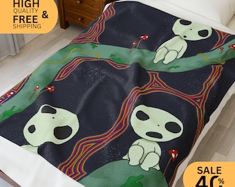 Forest Kodama Spirits Velveteen Plush Blanket | Mushroom Treebranch Woodland