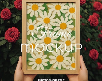 Maqueta de marco de póster vertical, escena de jardín al aire libre (plantilla PSD)