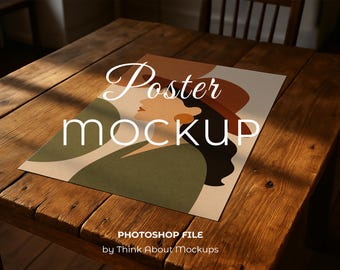 Maqueta de póster rústico, mesa de madera, luz natural (plantilla PSD)