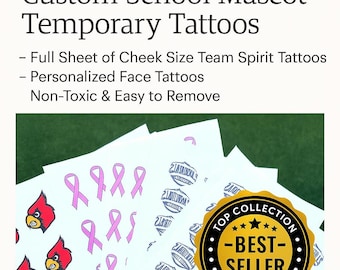 May include: A sheet of temporary tattoos featuring a school mascot, pink ribbons, and a football helmet. The sheet is labeled "Top Collection - Best Seller 2021".