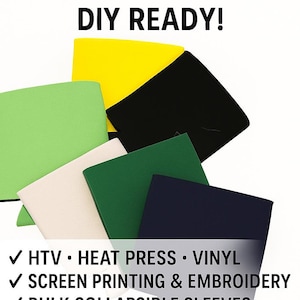 May include: Assortment of blank, heat transfer vinyl (HTV) sheets in various colors, including green, yellow, black, white, and blue.  DIY READY!  HTV · HEAT PRESS · VINYL · SCREEN PRINTING & EMBROIDERY
