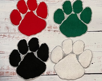Large Chenille Paw Print Iron On Patch: Glitter Backing, 8 inch