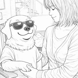 以下が含まれることがあります： サングラスとTシャツを着た犬が椅子に座り、人と手をつないでいる白黒イラスト。犬は微笑んでいます。その人は犬を見ています。