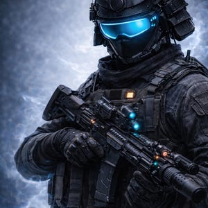 Puede incluir: Un soldado futurista con equipo táctico negro, incluyendo un casco con visor azul brillante y un rifle. La imagen tiene un fondo dramático y tormentoso, sugiriendo un tema de ciencia ficción o cyberpunk.