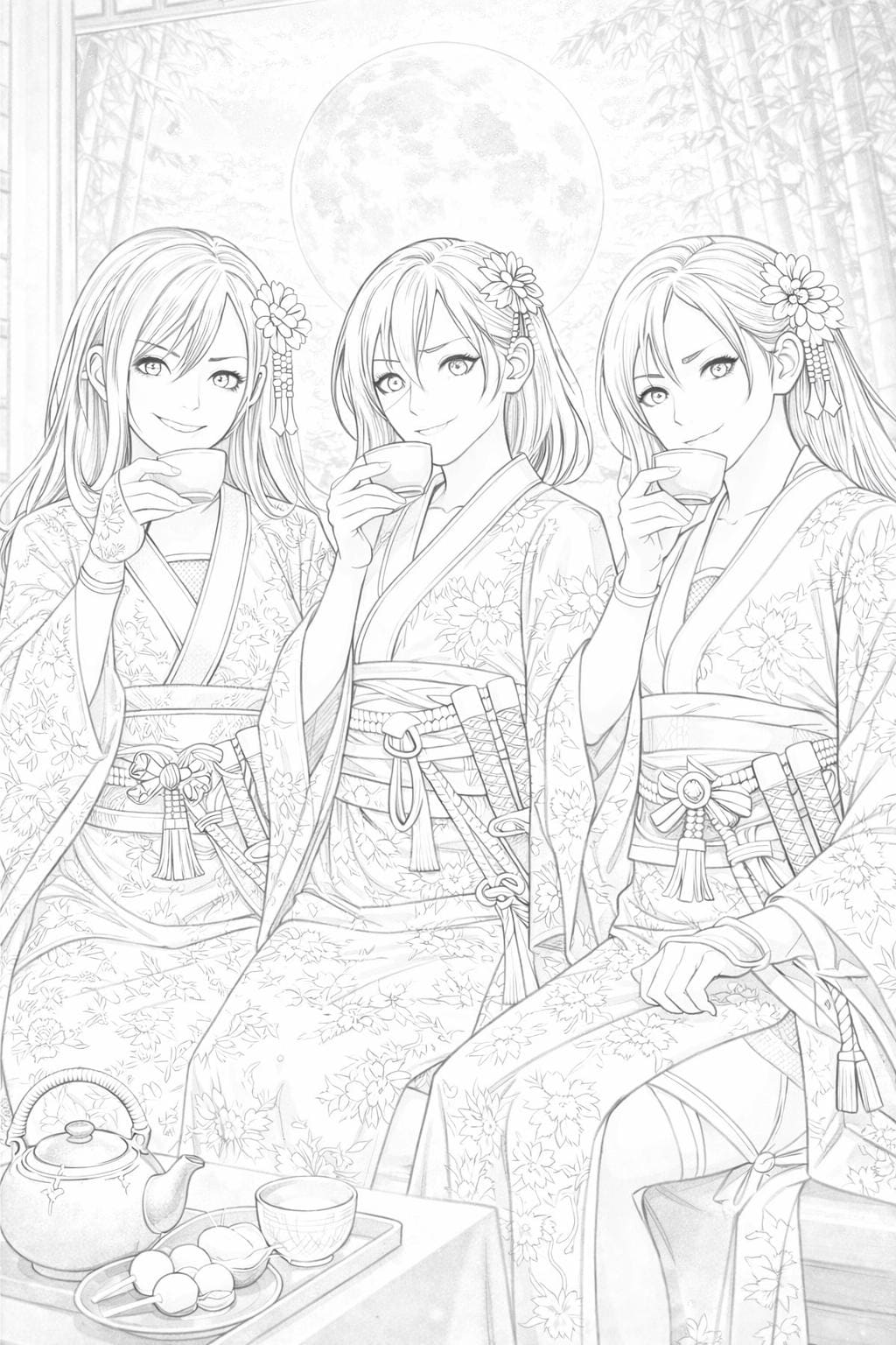 Moonlit Kunoichi Coloring Pages | Japanese Ninja Girls Printable