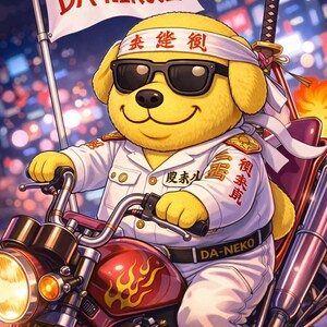 以下が含まれることがあります： サングラスと白い制服を着た黄色い漫画の犬が赤いバイクに乗っています。バイクには炎のデカールが付いています。犬は「DA-NEKO組」と書かれた旗を持っています。画像には夜の街の背景があります。