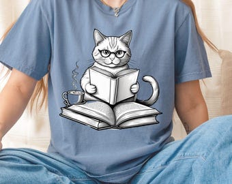 Book Reading Cat Shirt: Funny Book Lover Comfort Colors Tee