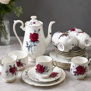 Conjunto de Café Royal Albert Sweet Romance, 21 Peças | Cafeteira | 6 Conjuntos de Café | Porcelana Inglesa
