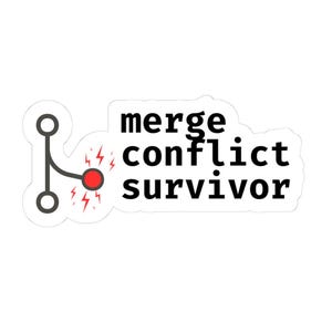 Merge conflict survivor kiss-cut sticker, transparent or white, tech dev programmer humor
