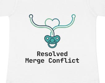 Resolved Merge Conflict with Pacifier lines and heart, Infant Baby Rib Bodysuit for Tech Parents, Programmer Humor, Baby Shower Gifts