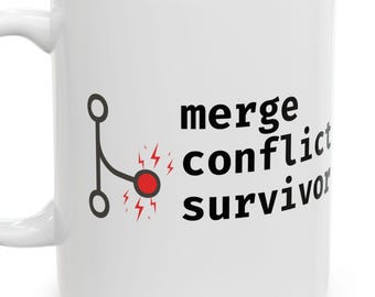 Merge conflict survivor 11 oz ceramic mug | Developer coding humor | Geeky, nerdy, IYKYK, funny coworker gift