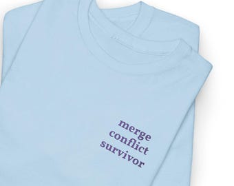 merge conflict survivor purple embroidery tee shirt | developer humor | funny coding gift for coworkers