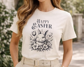 Happy Easter Bunny Tee | Vintage Floral Rabbit Illustration