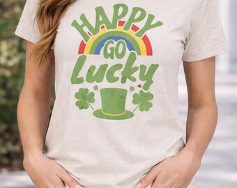 Happy Go Lucky St. Patrick's Day T-Shirt | Rainbow, Shamrock, Leprechaun Hat