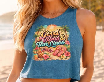 Good Vibes & Tan Lines Crop Top | Tropical Beach Graphic Tank