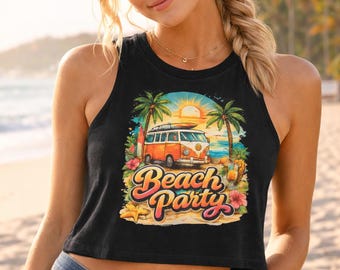 Beach Party Van Graphic Crop Top | Tropical Sunset Palm Tee