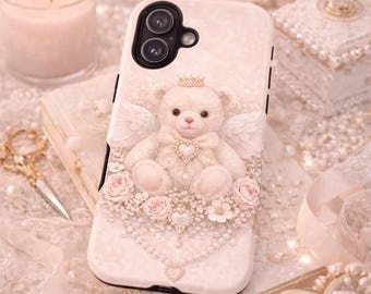 Angel Teddy Bear Phone Case | Cute Crowned Plush, Floral Pastel Protection