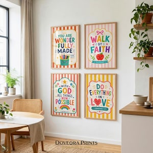 Four framed prints with uplifting messages, featuring colorful illustrations and Bible verses.