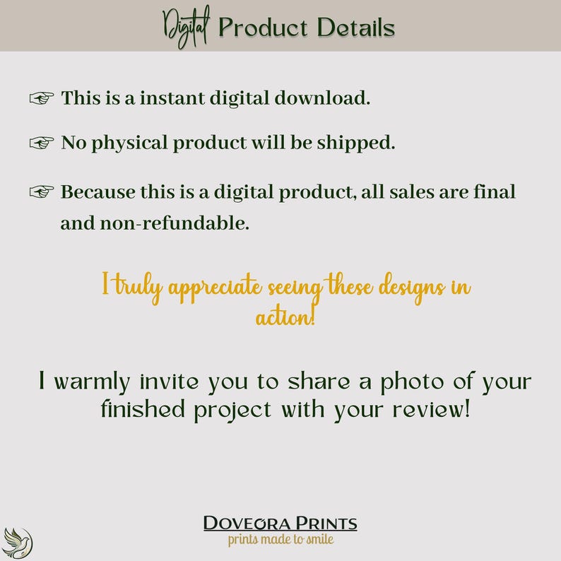 Digital product details: instant download, no shipping, all sales final, non-refundable.