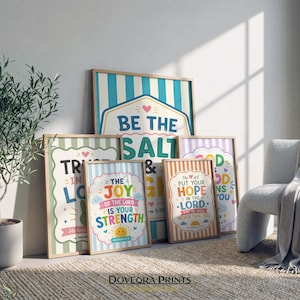Framed prints with inspirational text like "Be the Salt" and "The Joy."
