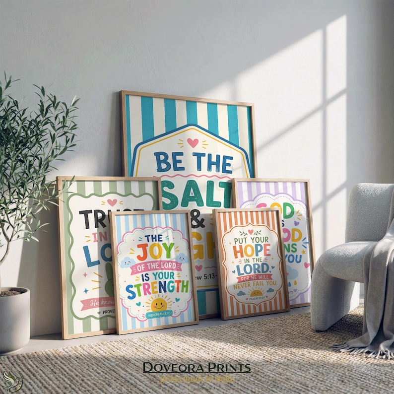 Framed prints with inspirational text like "Be the Salt" and "The Joy."