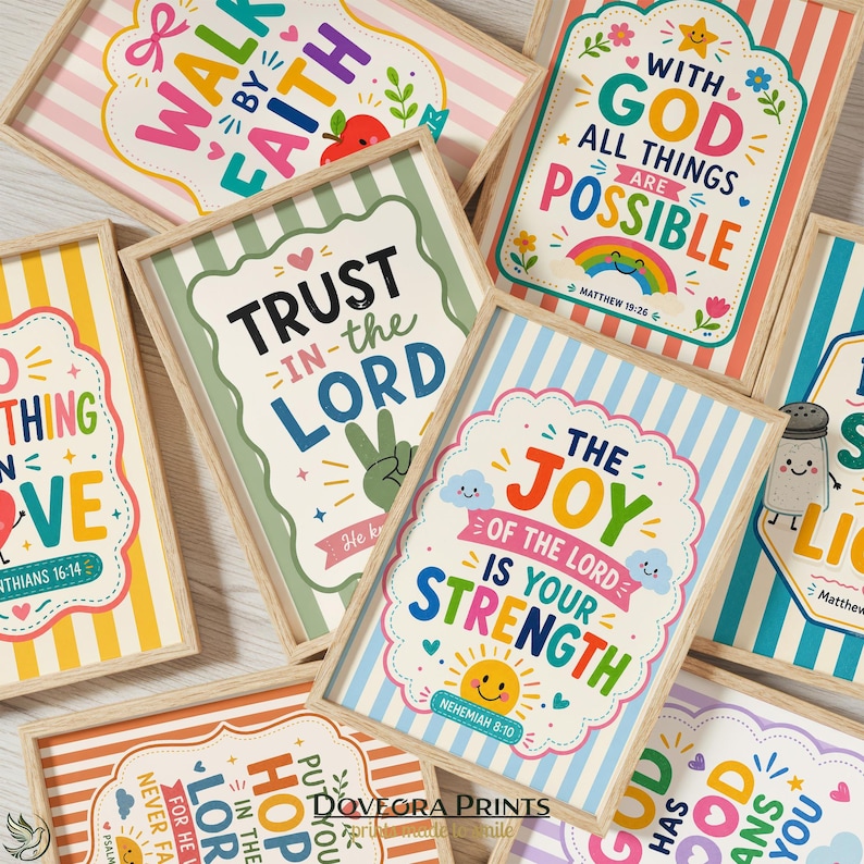 Collection of framed inspirational art prints with colorful text and illustrations.