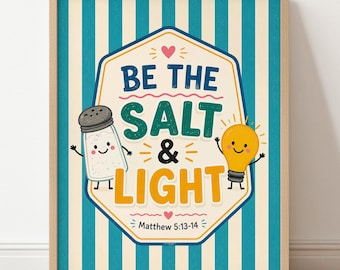 Sé la sal y la luz Mateo 5:13-14 Lámina decorativa cristiana para pared. Arte inspirador con versículos bíblicos para la habitación del bebé o de los niños - S01-583