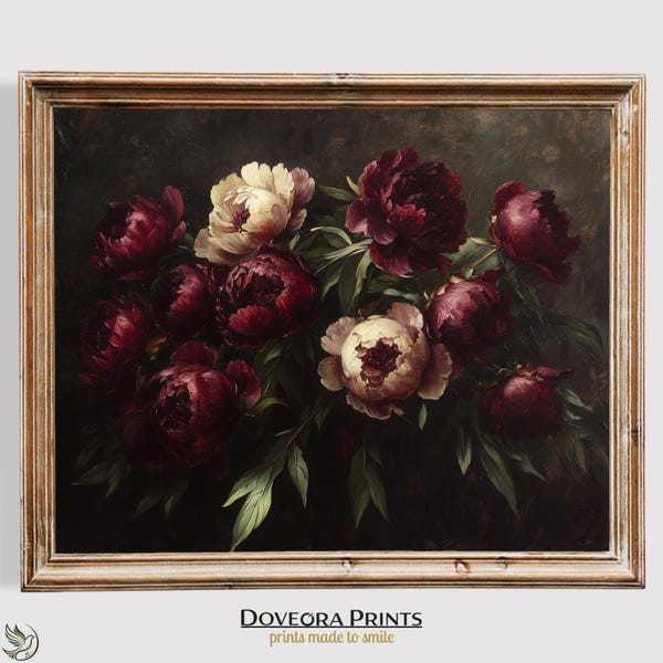 Moody Dark Floral Peony Print, Vintage Botanical Oil Painting Style Digital Art, Dark Academia Wall Decor, Aesthetic Gift - S01-326