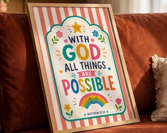 Arte con versículo bíblico de Mateo 19:26, decoración cristiana para habitación infantil, lámina con escritura para guardería, Con Dios todas las cosas DIGITAL- S01-579