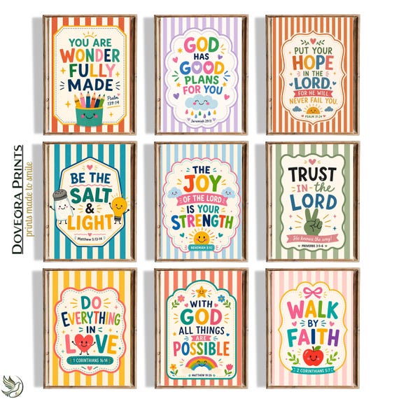 Kids Bible Verse Art Prints | Christian Scripture Decor (Set of 9 Digital Prints) - S09-521