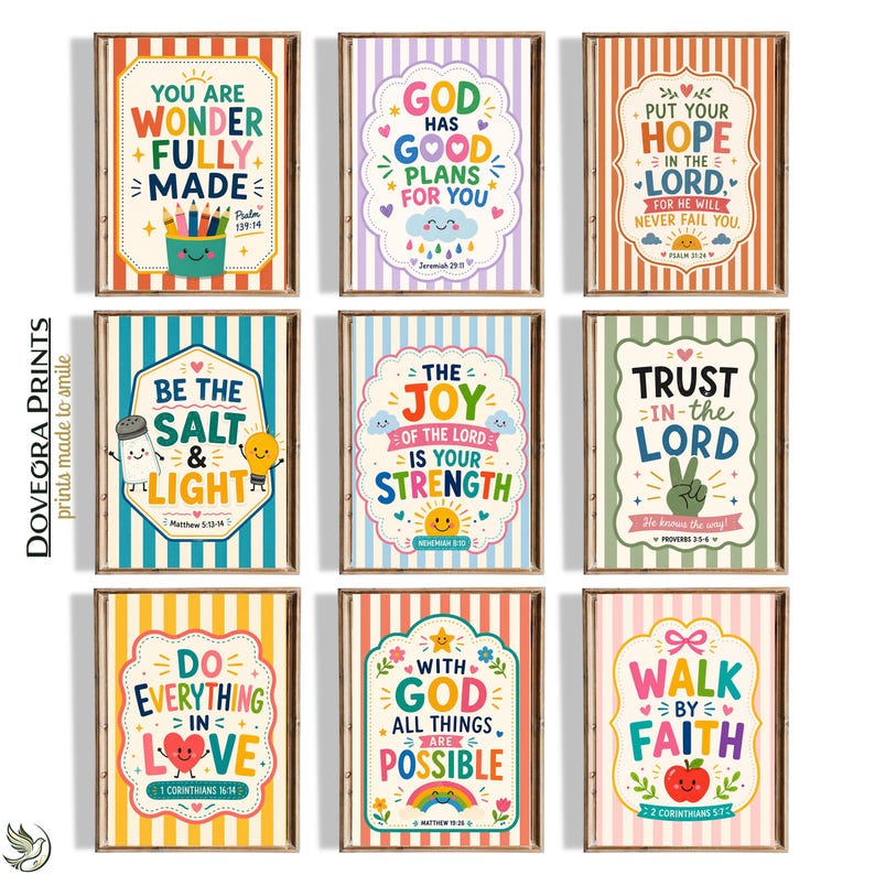 Nine framed motivational prints with colorful lettering and religious verses.