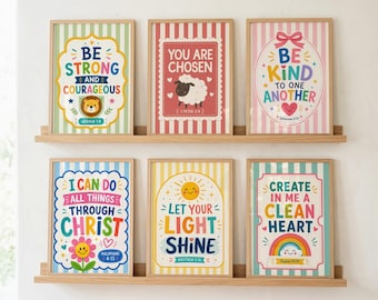 6 láminas de arte cristiano coloridas para niños, decoración cristiana para el aula de regreso a clases, versículos bíblicos para la habitación infantil, láminas digitales con versículos bíblicos - S06-504