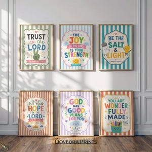 Six framed Christian art prints with inspirational text and illustrations.