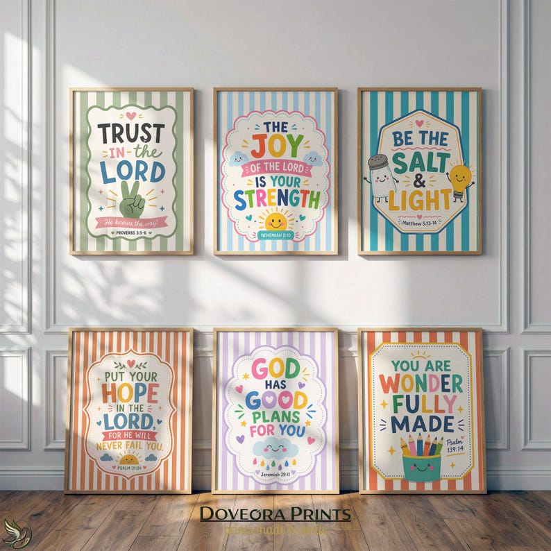 Six framed Christian art prints with inspirational text and illustrations.