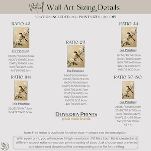 Wall art sizing details with bird and flower art for five print ratios.